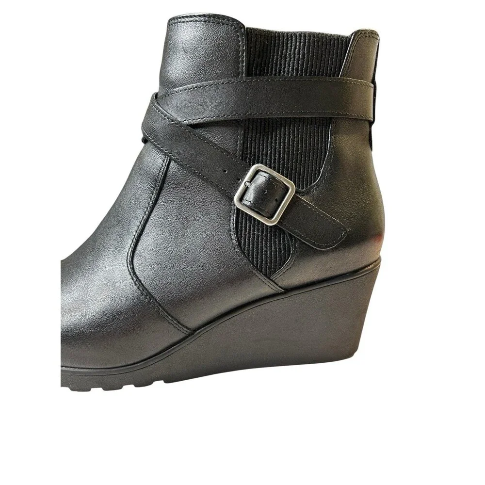 ABEO Black Leather Ankle Boots Women's 8.5 Geranium Wedge Heel Buckle Moto